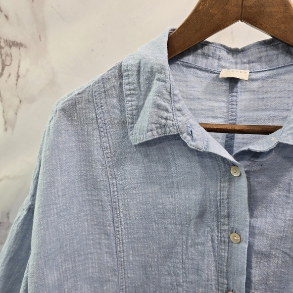 Poetry Shirt Womens 14 Large Blue Linen Blend Button Short Sleeve Boxy Cuffed - Picture 2 of 11